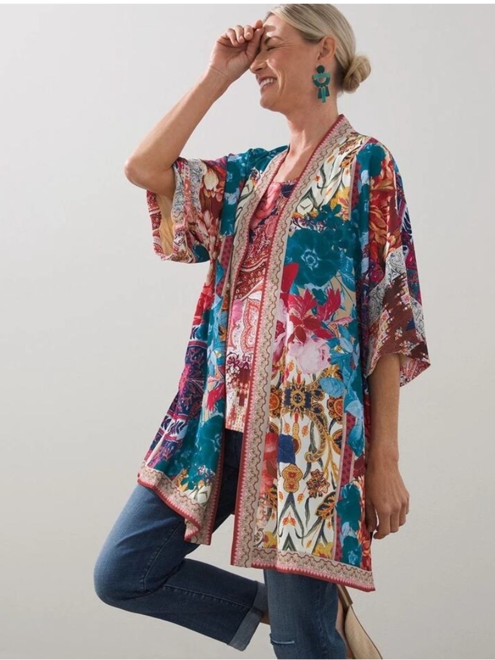 Chico's Printed Open-Front Tapestry Boho Kimono - Picture 2 of 11